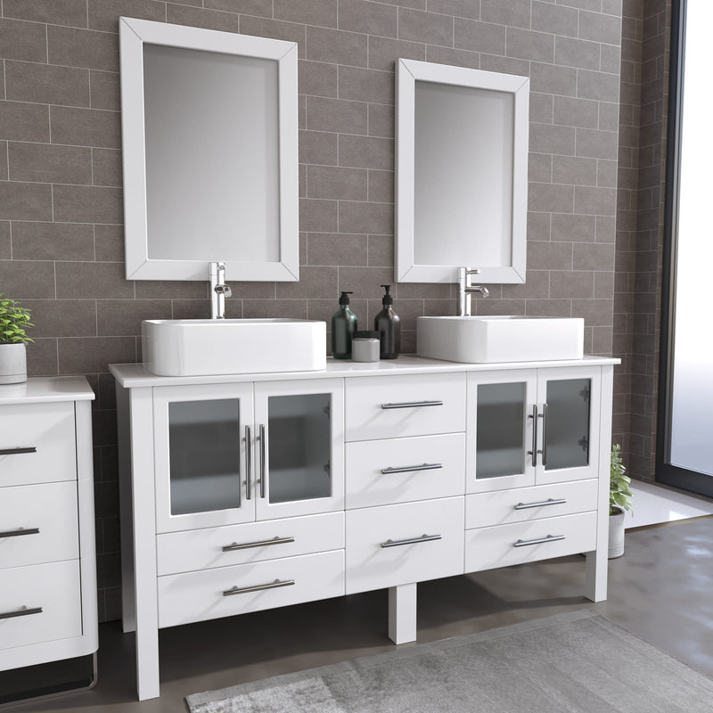 63 Inch White Wood and Porcelain Vessel Sink Double Vanity Set – 8119W