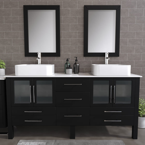 72 Inch Espresso Wood and Porcelain Vessel Sink Double Vanity Set – 8119XL