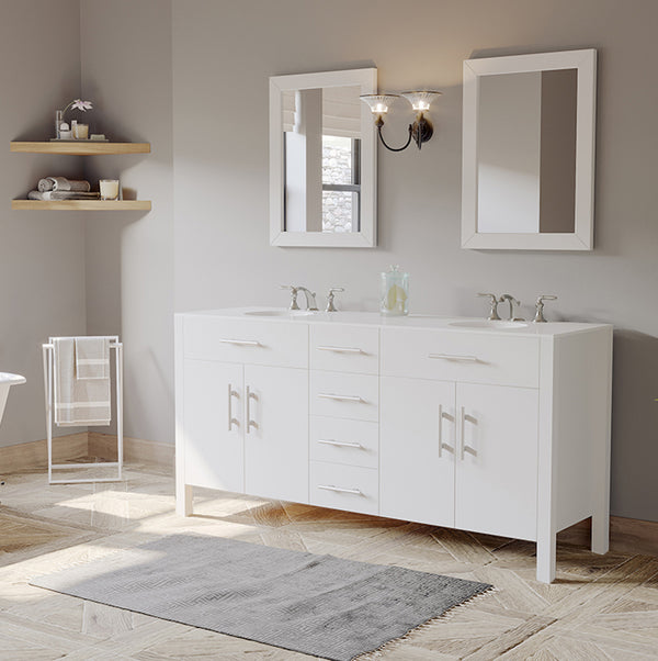 72 inch White Wood and Porcelain Double Basin Sink Vanity Set – 8162W