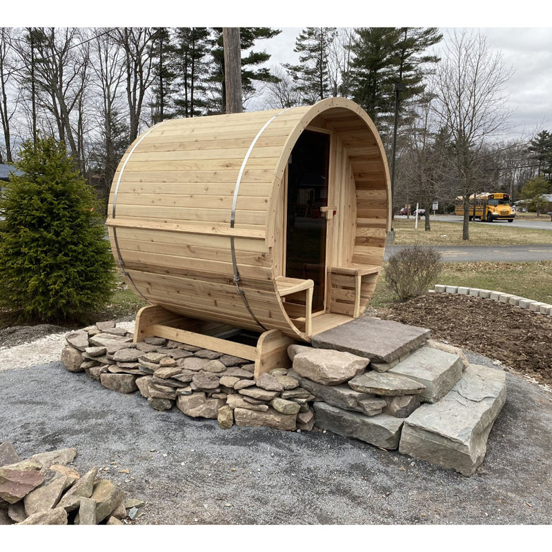 Outdoor or Indoor White Finland Pine Wet Dry Barrel Sauna - 5 Person - Front Porch Canopy - 4.5 kW ETL Certified