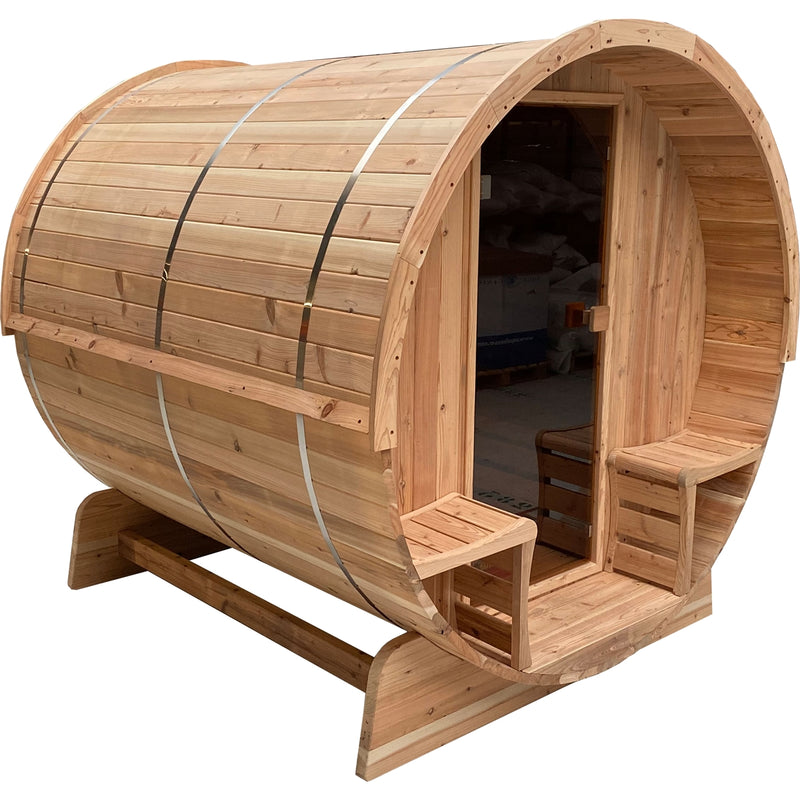 Outdoor Rustic Cedar Barrel Steam Sauna - Front Porch Canopy - ETL Certified - 4 Person
