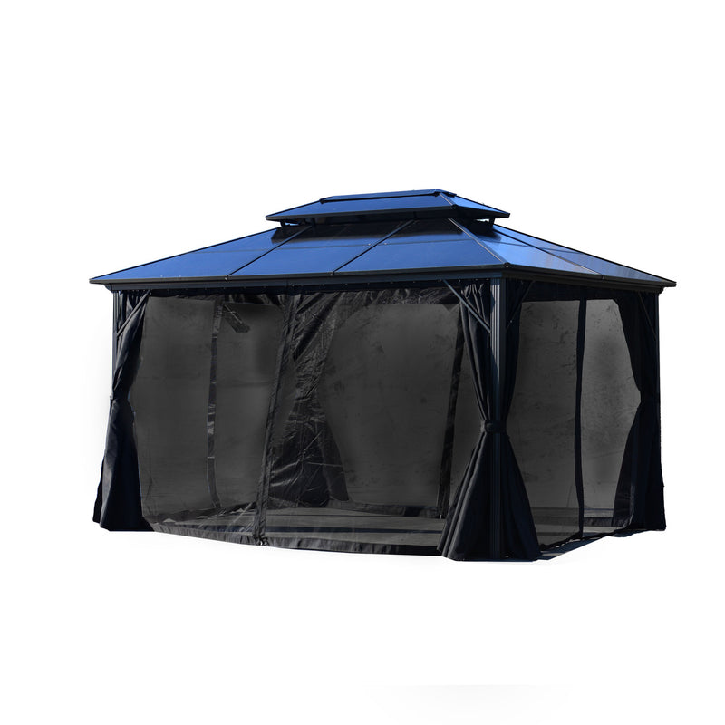 2-Tier Double Roof Aluminum and Steel Hardtop Gazebo Canopy with Mosquito Net and Shaded Curtains - 13 x 10 Feet - Black