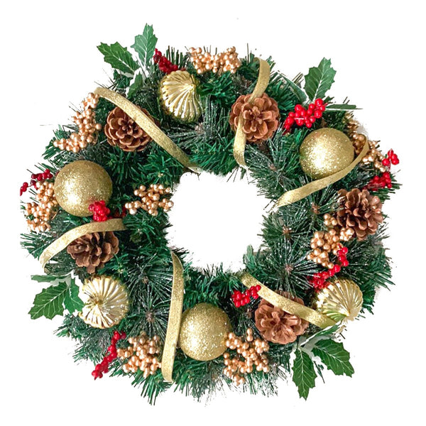 Decorative Holiday Christmas Artificial Wreath with Pine Cones and Gold Accents