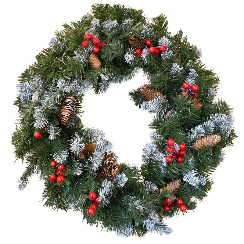 Decorative Holiday Christmas Pre-Lit Artificial Snow Dusted Wreath with Wintry Accents - Large