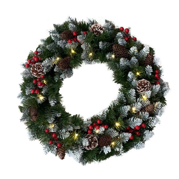 Decorative Holiday Christmas Pre-Lit Artificial Wreath with Frosted Pine Cones and Berries