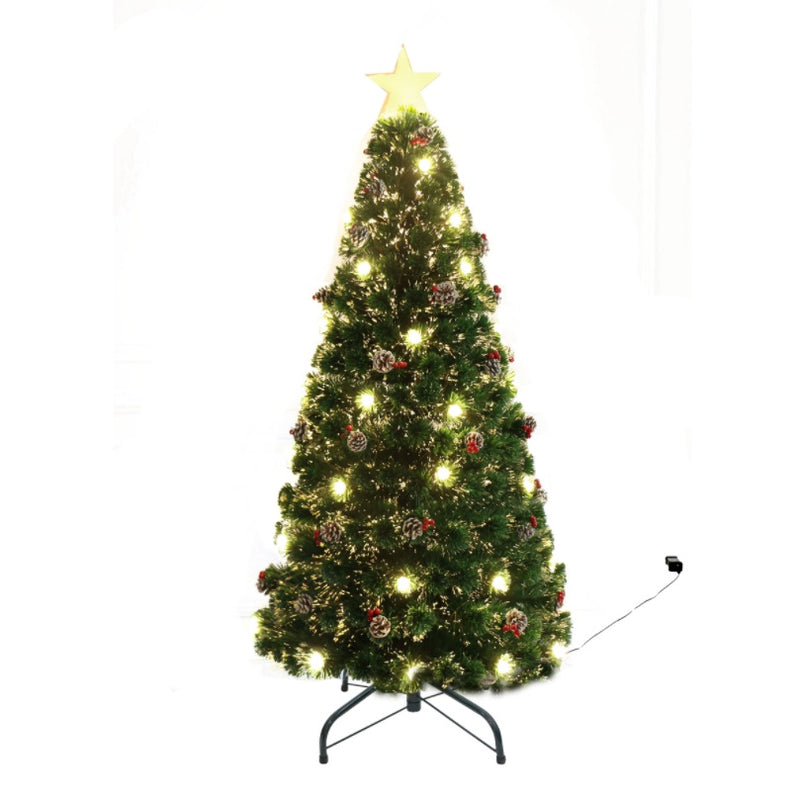 Pre-Lit Fiber Optic Artificial Christmas Pine Tree with Pinecones and Berry Clusters - 6 Foot