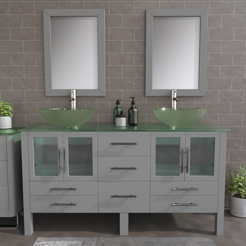 63 Inch Gray Wood and Glass Vessel Sink Double Vanity Set – 8119BG