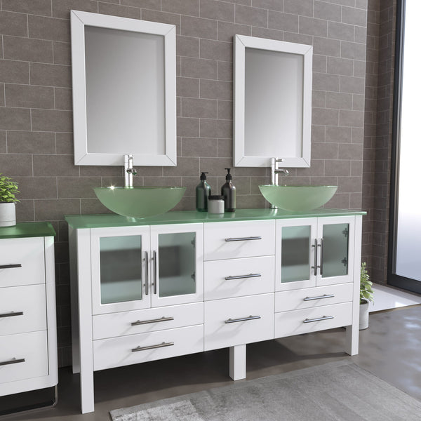 63 Inch White Wood and Glass Vessel Sink Double Vanity Set – 8119BW