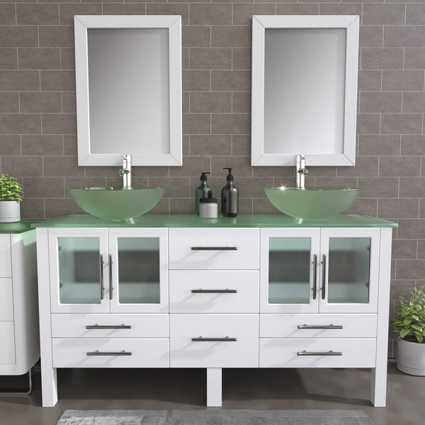 63 Inch White Wood and Glass Vessel Sink Double Vanity Set – 8119BW