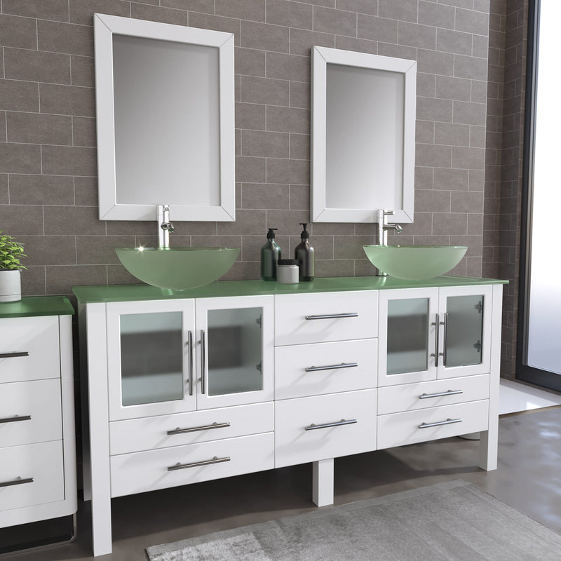 72 Inch White Wood and Glass Vessel Sink Double Vanity Set – 8119BXLW