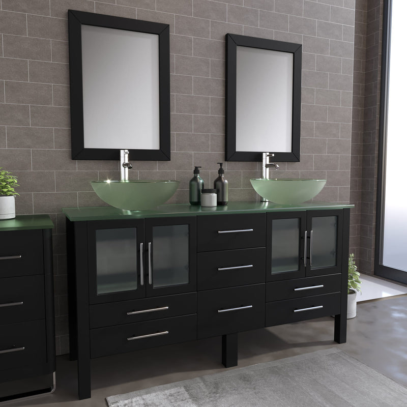 63 Inch Espresso Wood and Glass Vessel Sink Double Vanity Set – 8119B