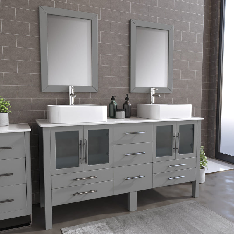 63 Inch Gray Wood and Porcelain Vessel Sink Double Vanity Set – 8119G
