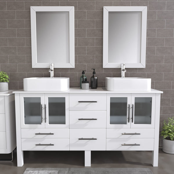 63 Inch White Wood and Porcelain Vessel Sink Double Vanity Set – 8119W