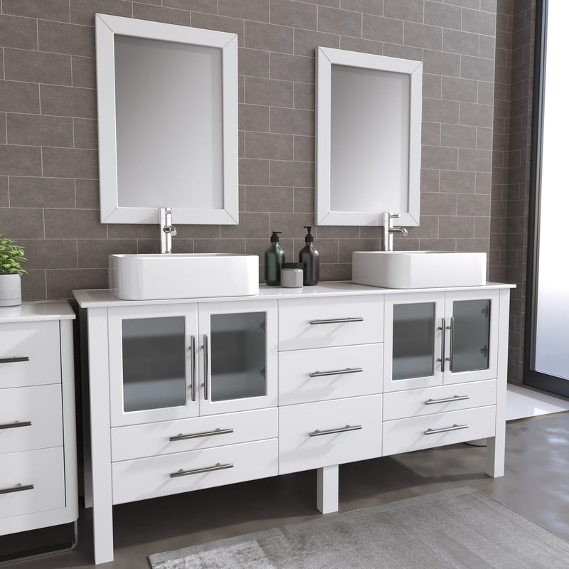 72 Inch White Wood and Porcelain Vessel Sink Double Vanity Set – 8119XLW