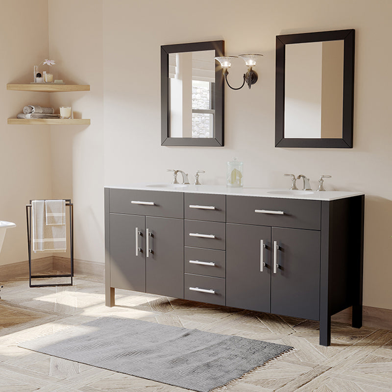 72 inch Espresso Wood and Porcelain Double Basin Sink Vanity Set – 8162