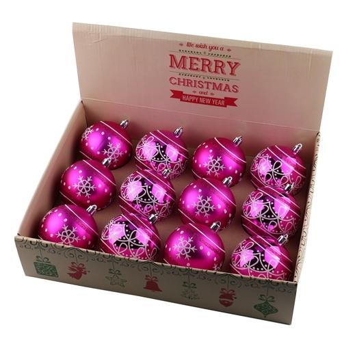Shatterproof - Winter Print Ornament Holiday Set with Decorative Box - Set of 12 - Hot Pink