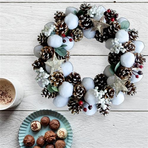 Whimsical Holiday Christmas Cotton Wreath with Pine Cones and Cranberries