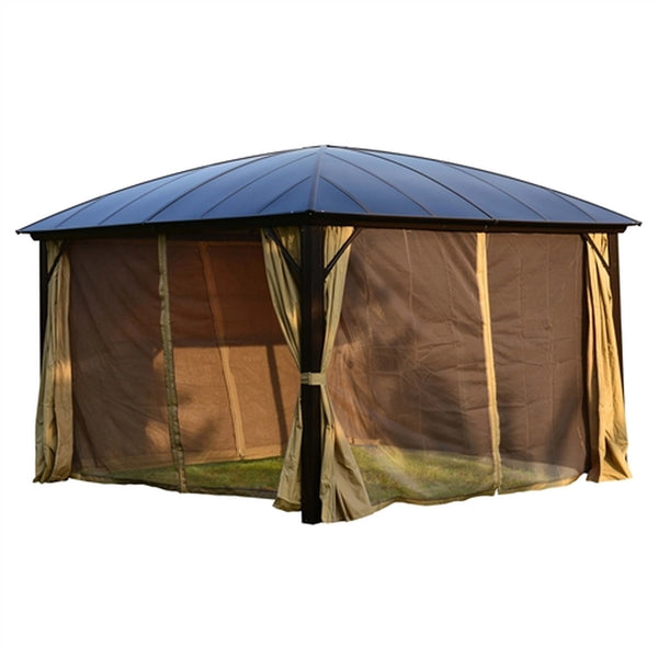 Hardtop Gazebo with Removable Mesh Walls and Curtains - 12 x 12 Feet - Brown