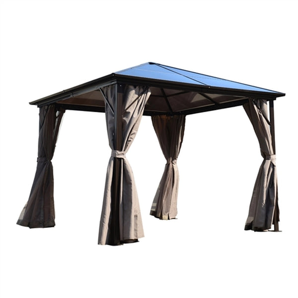 Aluminum Hardtop Gazebo with Removable Mesh Walls and Curtains - 10 x 10 Feet - Brown