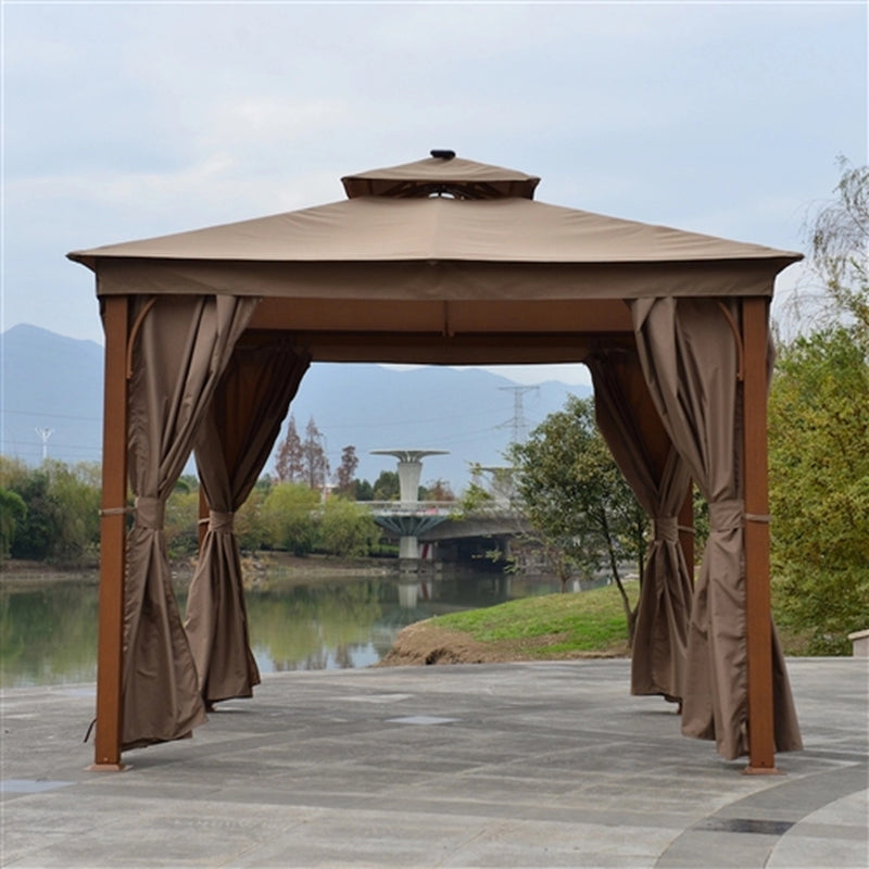 Double Roof Aluminum Gazebo with Wooden Finish and Curtain - 10 x 10 Feet - Sand