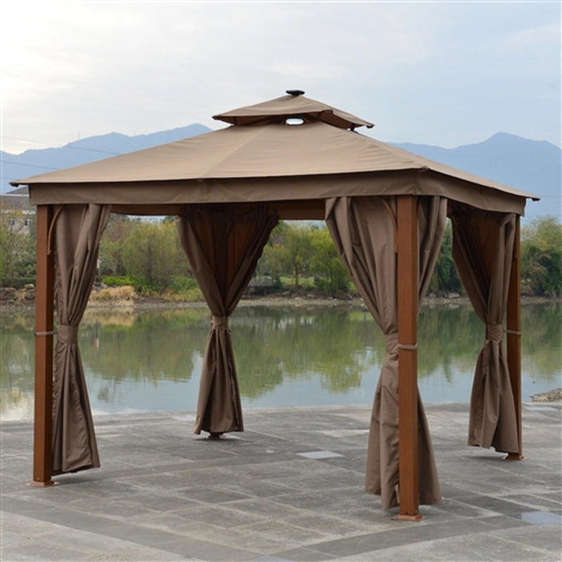 Double Roof Aluminum Gazebo with Wooden Finish and Curtain - 10 x 10 Feet - Sand