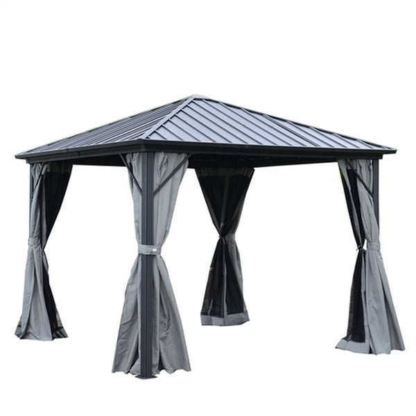 Aluminum and Steel Hardtop Gazebo with Mosquito Net and Curtain - 10 x 10 Feet - Black