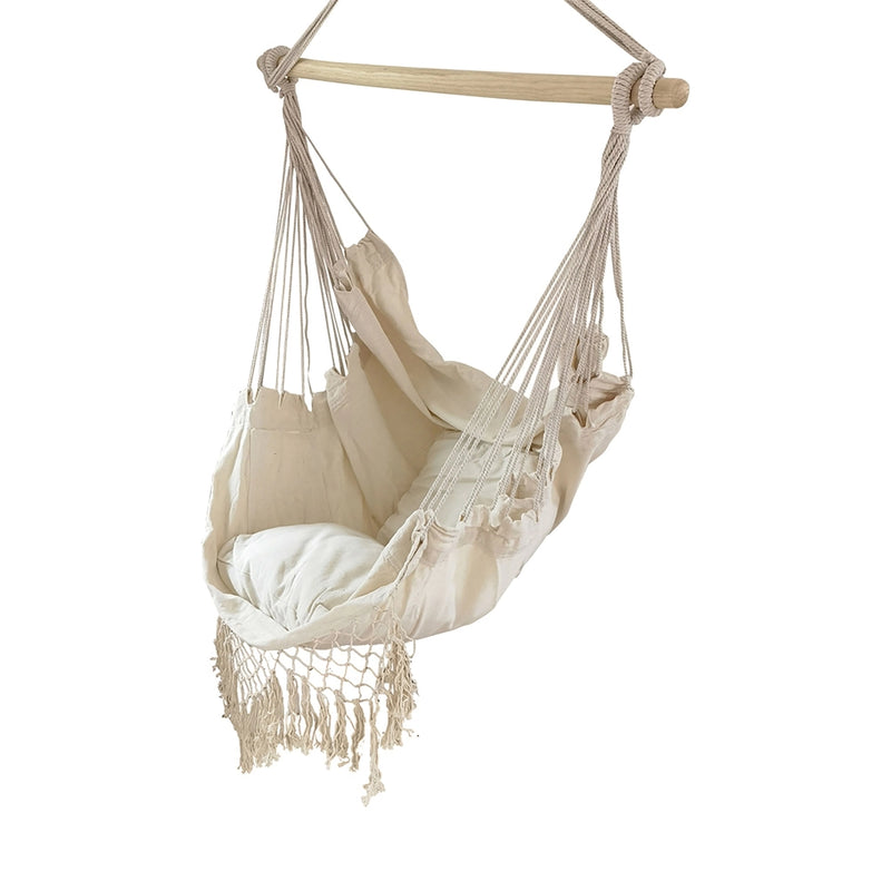 Hanging Rope Swing Hammock Chair with Side Pocket and Wooden Spreader Bar