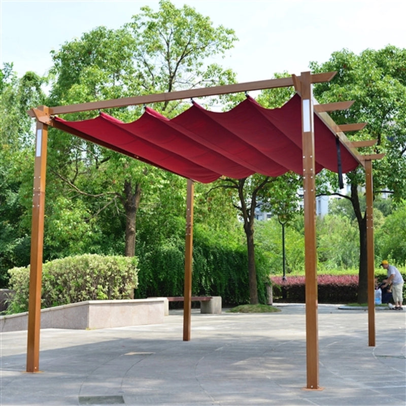 Aluminum Outdoor Retractable Pergola with Solar Powered LED Lamps and Wooden Finish - 13 x 10 Ft