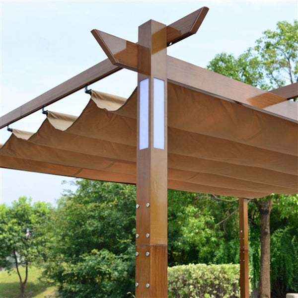 Aluminum Outdoor Retractable Pergola with Solar Powered LED Lamps and Wooden Finish - 13 x 10 Ft
