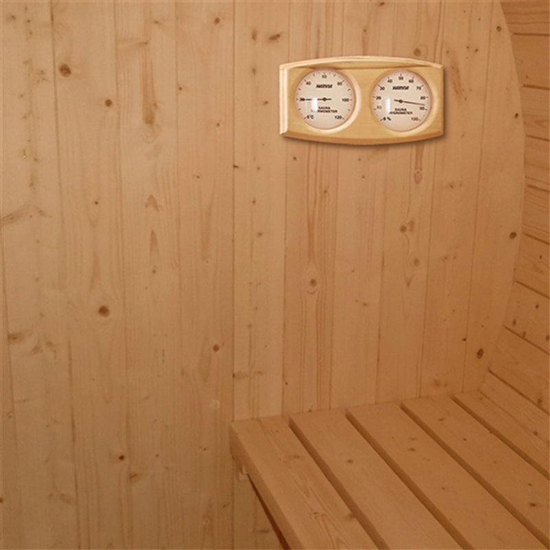 Outdoor or Indoor White Finland Pine Wet Dry Barrel Sauna - 5 Person - Front Porch Canopy - 4.5 kW ETL Certified