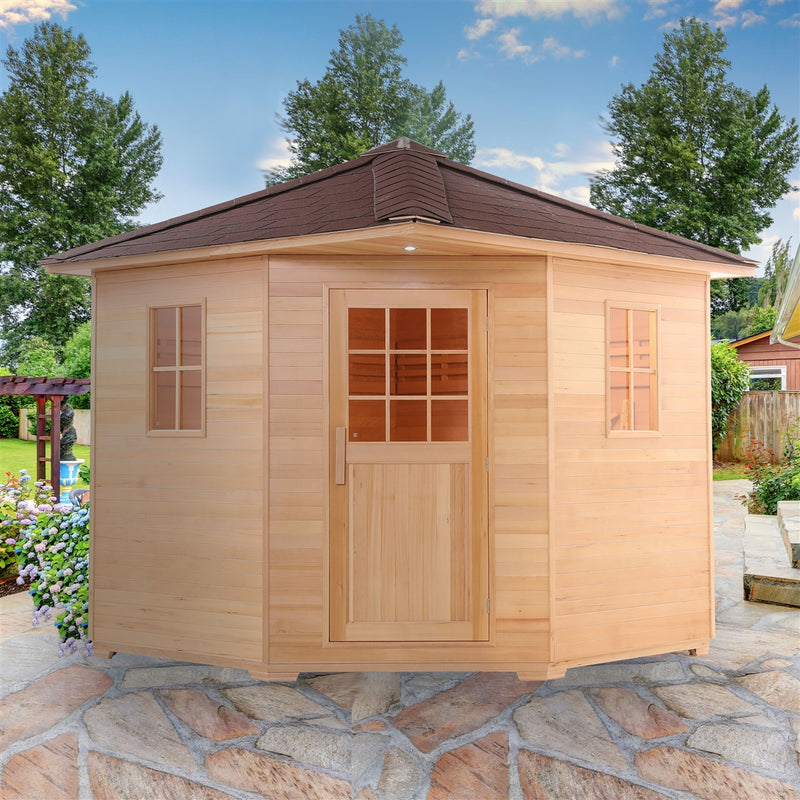 Canadian Hemlock Wet Dry Outdoor Sauna with Asphalt Roof - 9 kW ETL Certified Heater - 8 Person