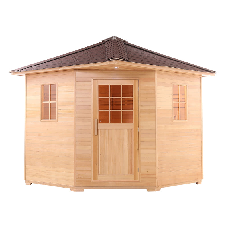 Canadian Hemlock Wet Dry Outdoor Sauna with Asphalt Roof - 9 kW ETL Certified Heater - 8 Person