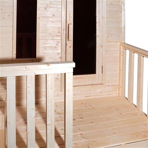 Outdoor White Pine Steam Sauna - Fenced Front Porch - 8 kW Harvia KIP Heater - 4 Person