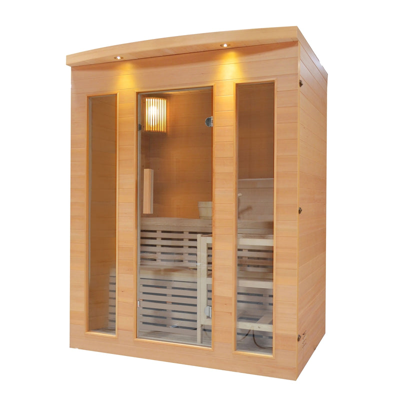 Canadian Hemlock Indoor Wet Dry Sauna with Exterior Lights - 4.5 kW Harvia KIP Heater - 4 Person